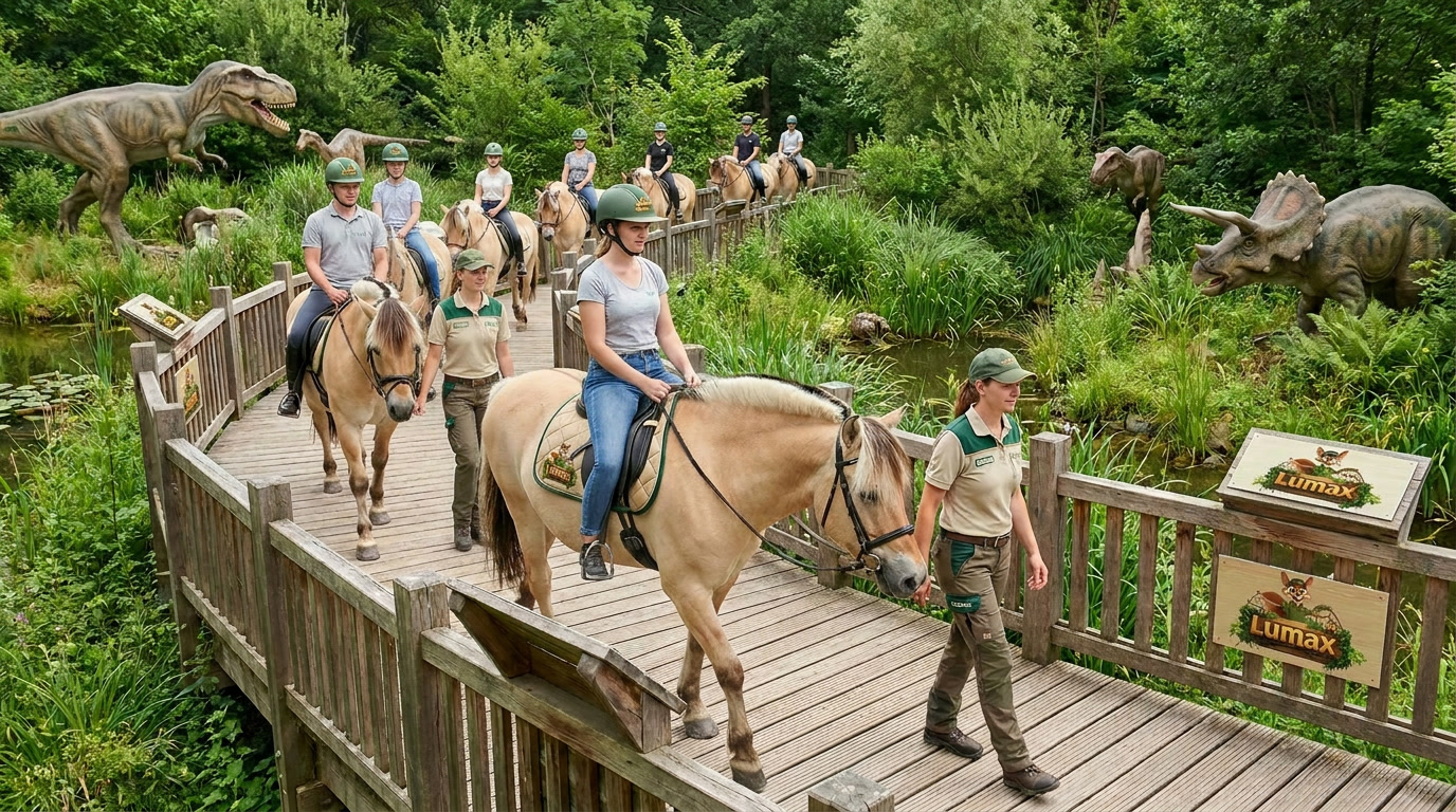 Reitausflug durch die Dinowelt – Pferde und Dinosaurier-Figuren im Naturresort